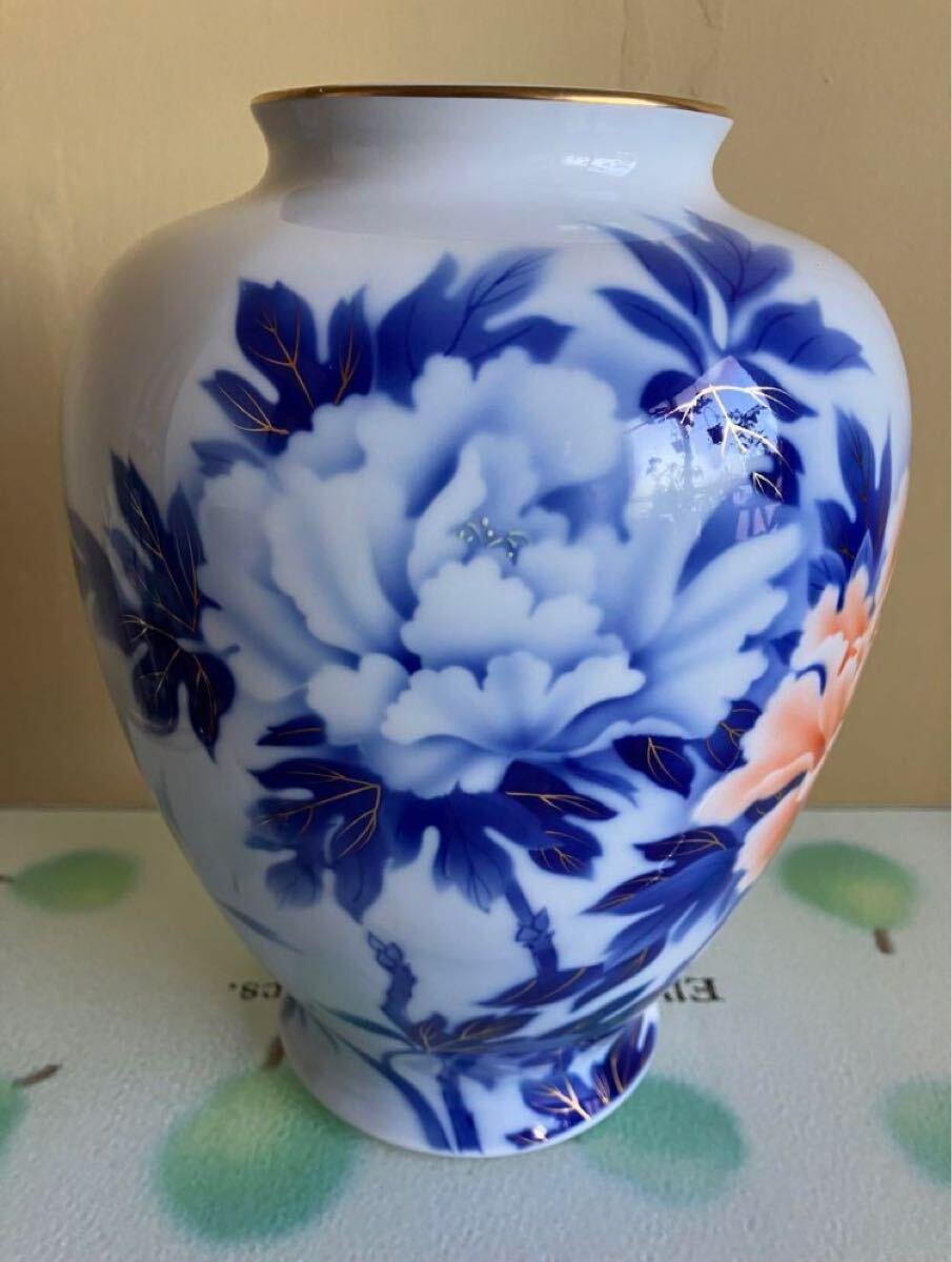 昭和レトロ 深川製磁 花瓶 宮内庁御用達 染錦牡丹 紅白牡丹 大輪牡丹