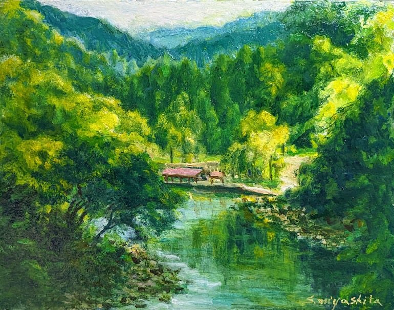 油絵 漆 田植え時 F6号 | 癒しの風景アトリエ一絵 宮下昭二