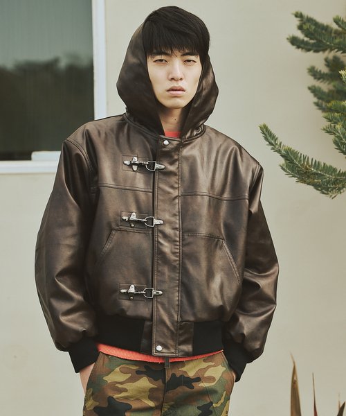 フェイクレザー ファイヤーマン フード ジャケット（その他アウター
