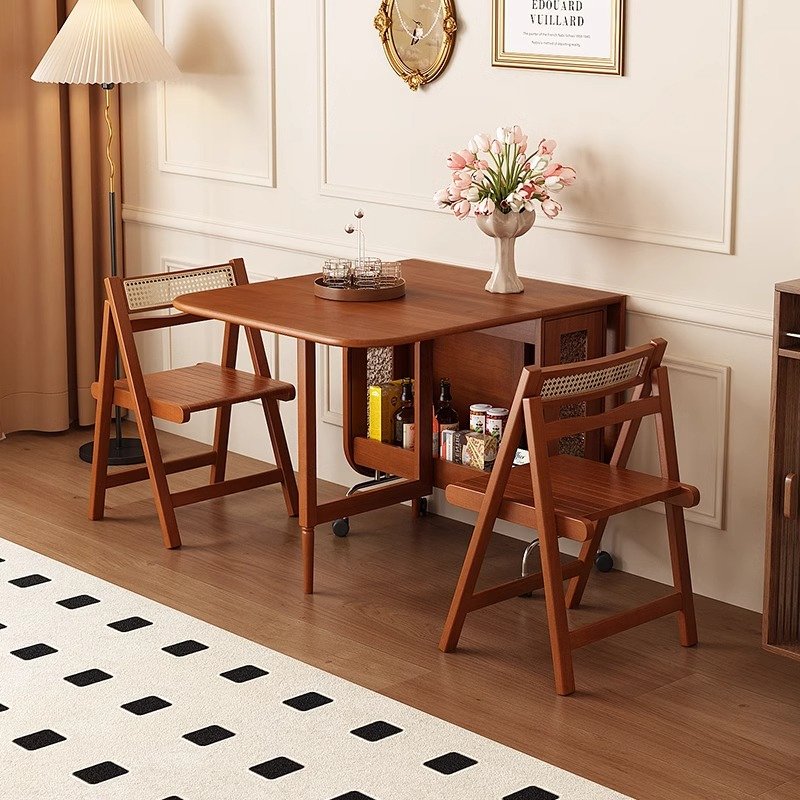 収納付き木製伸縮式ダイニングテーブル | 天然木の高級感と伸縮機能を