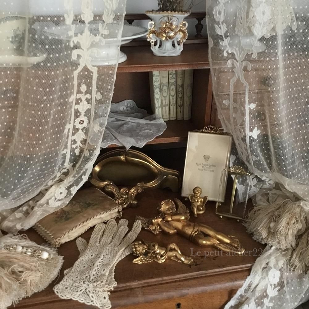 2枚1組) フランス アンティーク チュールレースカーテン 刺繍 エクリュ