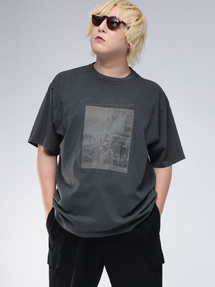 半袖 Tシャツ ピグメント加工 街フォトプリント クルーネック トップス