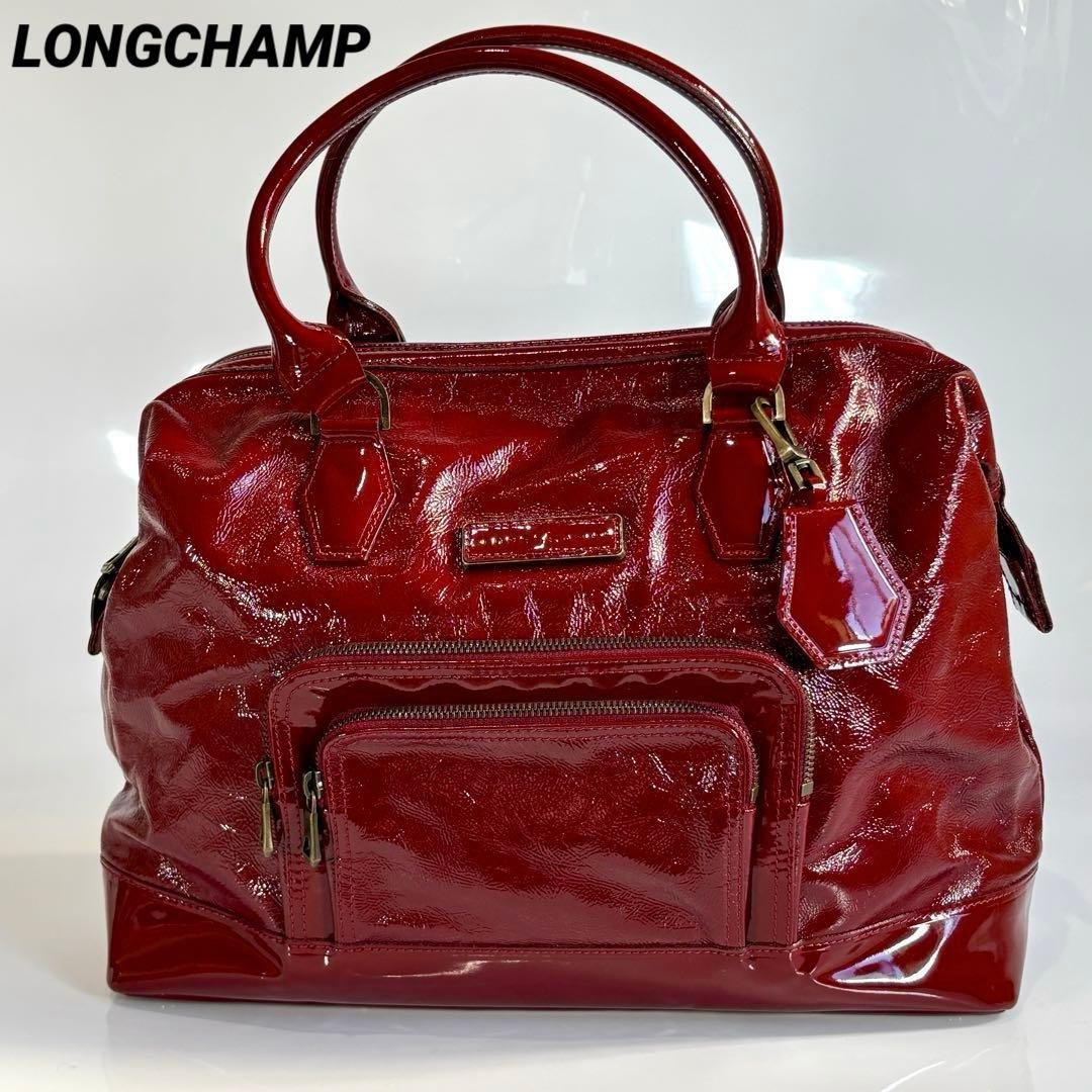 極美品 ロンシャン レジェンド パテントレザー ドクターバッグ ハンドバッグ 赤 ロンシャン 2way ハンドバッグ ショルダーバッグ 斜め掛け パテント