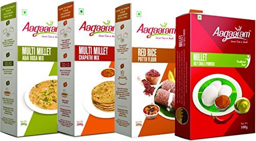 Aagaaram Adai Dosa Mix, Multi Millet Chapathi Mix Multi Millet Idly Podi & Red Rice Puttu Flour, 700grams (Combo of 4)