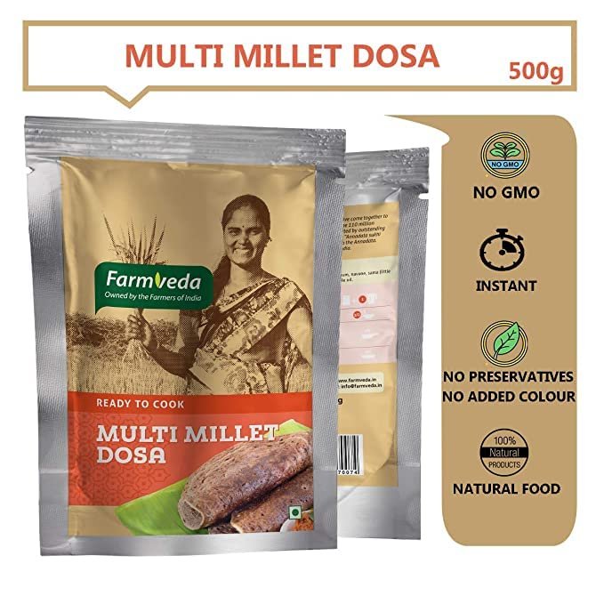 Farmveda Millets Dosa Mix | Multi Millets Dosa Mix | Ready To Eat Millets Dosa Mix | Breakfast Millets Dosa Mix 500g | Dosa Breakfast Mix Saves Your Time Without Compromising On The Quality and Taste.